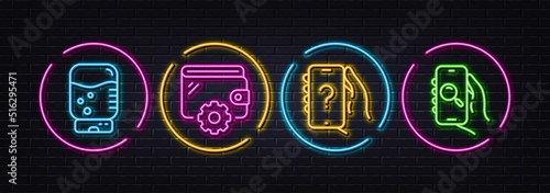 Wallet, Water cooler and Ask question minimal line icons. Neon laser 3d lights. Search app icons. For web, application, printing. Money budget, Office drink, Quiz phone. Find smartphone. Vector