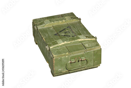 an army wooden green, khaki box with black designations, close-up on a white background. texture of the old tree. props for games