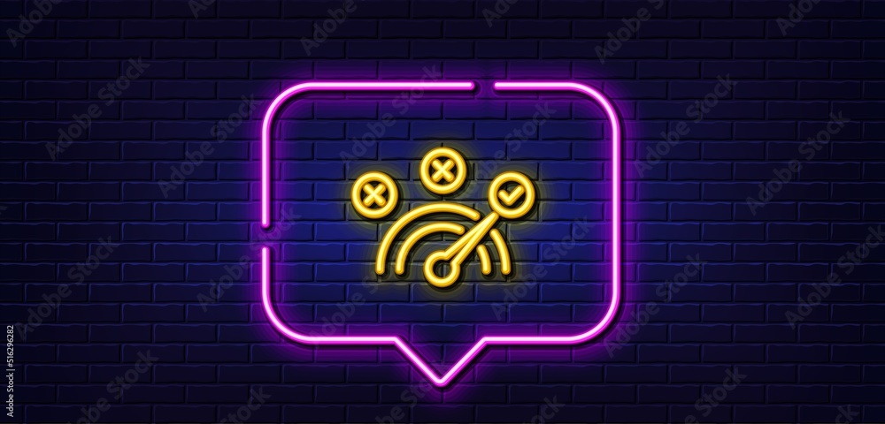 Neon light speech bubble. Correct answer line icon. Speedometer concept sign. Check symbol. Neon light background. Correct answer glow line. Brick wall banner. Vector Neon light speech bubble. Correct answer line icon. Speedometer concept sign. Check symbol. Neon light background. Correct answer glow line. Brick wall banner. Vector