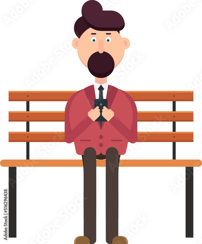 Man character using smarphone on the bench vector illustration