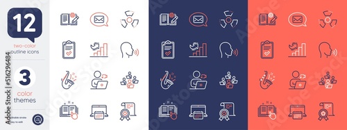 Set of Technical documentation, Jazz and Calendar line icons. Include Messenger, Human sing, Checklist icons. Certificate, Chemical hazard, Engineering documentation web elements. Vector