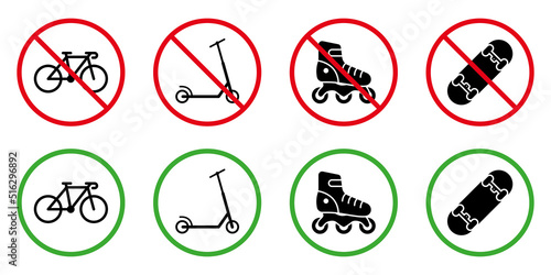 Allowed Zone for Push Transport Sign Set. Forbid Roller Skate Board Kick Scooter Black Bicycle Silhouette Icon. Attention Prohibit Danger Area Wheel Transport Pictogram. Isolated Vector Illustration