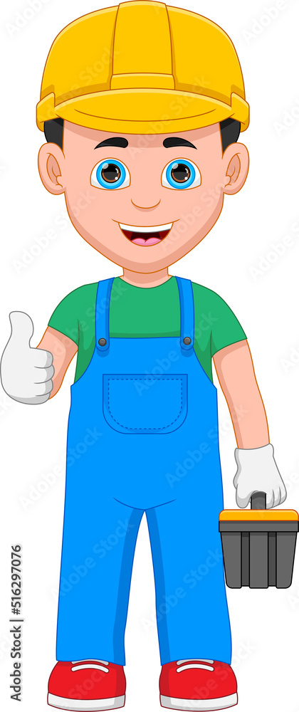 young repairman giving thumbs up and holding toolbox young repairman giving thumbs up and holding toolbox
