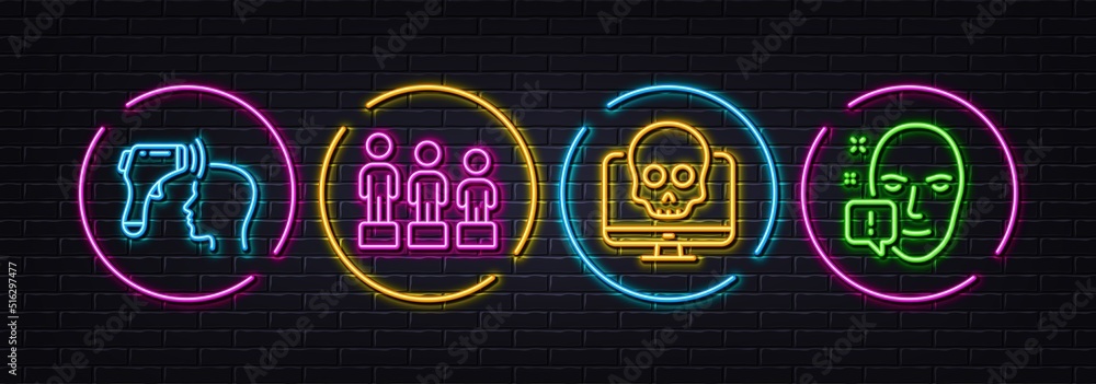 Equality, Cyber attack and Electronic thermometer minimal line icons. Neon laser 3d lights. Face attention icons. For web, application, printing. Equity, Computer malware, Temperature scan. Vector