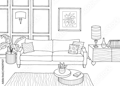 Living room graphic black white interior sketch illustration vector 