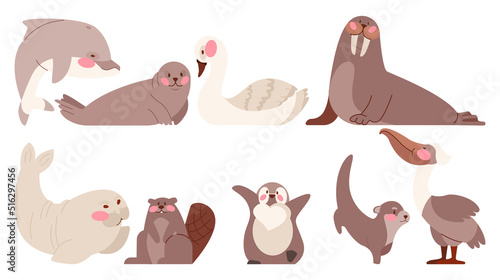 Ocean and sea cute animal set. Collection of aquatic creature, animals