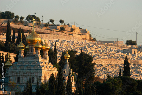 Canvas Print Mary Magdalene Russian orthodox church and Jewish cemetery on Mount of Olives