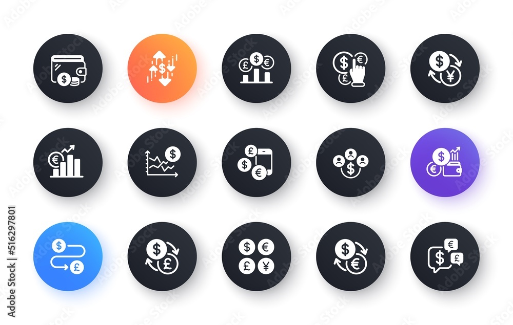 Currency icons. Cash money, Euro Dollar transfer and Currency exchange. Financial rate, Change money and Euro Pound trade icons. Dollar transfer, Stock trade and Wallet with cash. Vector Currency icons. Cash money, Euro Dollar transfer and Currency exchange. Financial rate, Change money and Euro Pound trade icons. Dollar transfer, Stock trade and Wallet with cash. Vector
