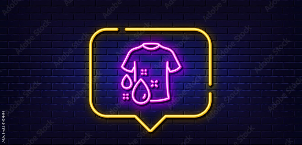 Neon light speech bubble. Wash t-shirt line icon. Laundry shirt sign. Clothing cleaner symbol. Neon light background. Wash t-shirt glow line. Brick wall banner. Vector