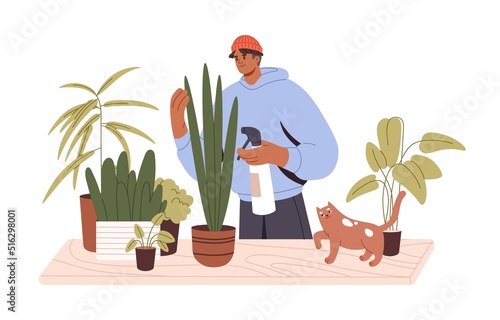 Man caring about potted house plants. Young guy spraying water on houseplants leaf. Happy person growing green home decoration and cute cat. Flat vector illustration isolated on white background