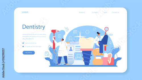 Dentistry web banner or landing page. Dental doctor in uniform