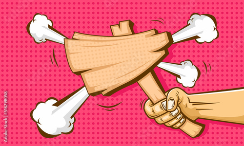 blank wood sign in hand cartoon comic style background