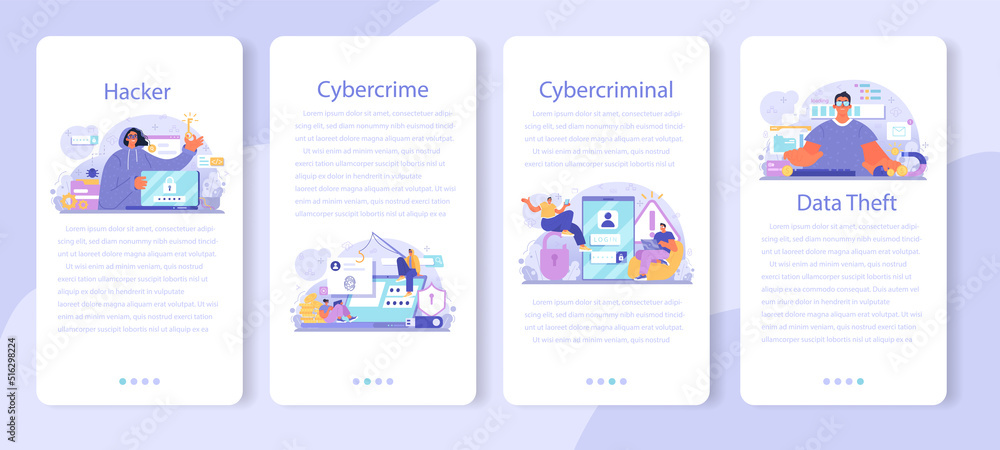Hacker mobile application banner set. Cyber attack, thief stealing personal Hacker mobile application banner set. Cyber attack, thief stealing personal
