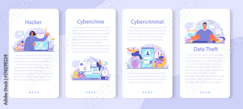 Hacker mobile application banner set. Cyber attack, thief stealing personal