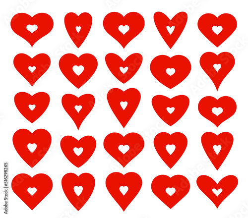 Heart shapes with small hearts inside vector logos or icons set, motherhood and pregnancy concept, care and family or romantic feelings.