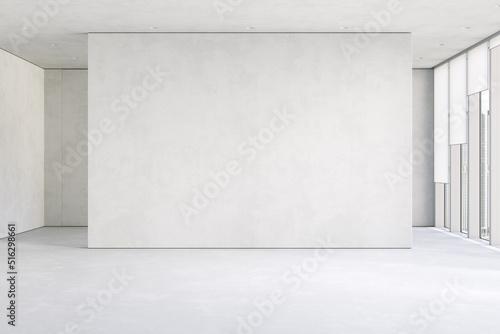 Empty white contemporary apartment with blank wall. 3d render illustration mockup.