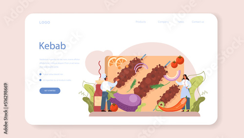 Kebab street food web banner or landing page. Chef cooking delicious