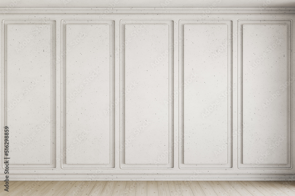 White contemporary classic interior with wall panels. 3d render illustration mockup.