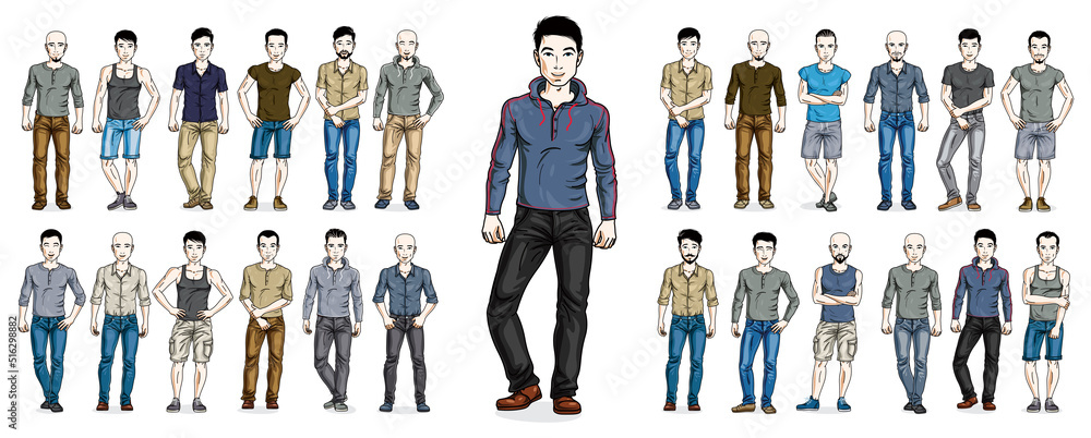 Handsome men in casual wear standing and posing vector illustrations big set isolated on white background, attractive gorgeous males in full body length people characters collection.