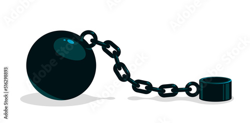 Shackles chain with weight metal ball vector concept isolated on white, concept of addiction or bad problems or debt, freedom and liberty, slavery and liberation, bad habits.