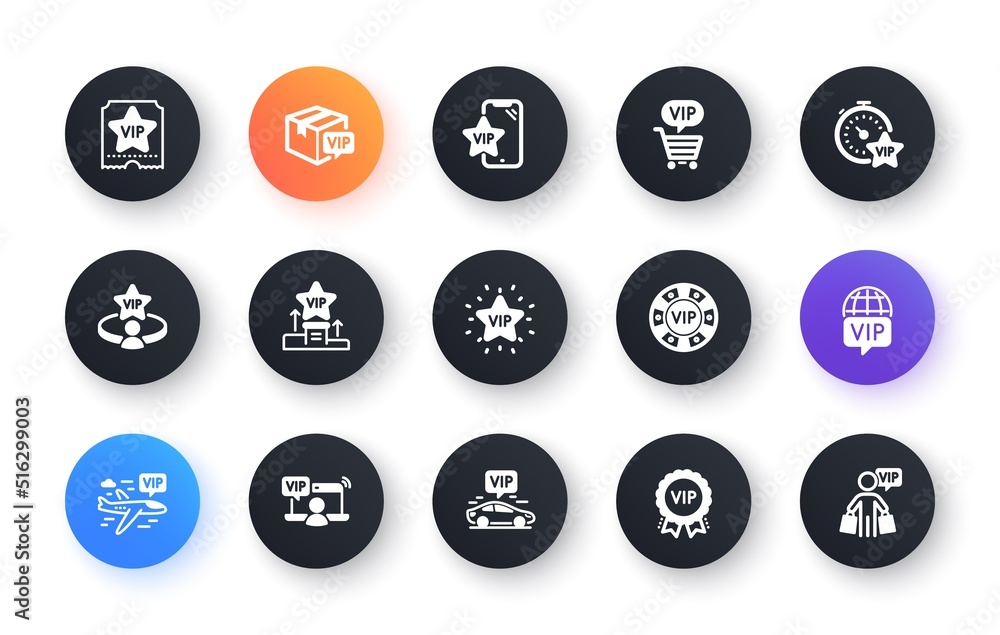 Vip icons set. Casino chips, delivery parcel, very important person. Certificate, player table, vip buyer icons. Crown, casino ticket, business class flight. Membership privilege. Vector Vip icons set. Casino chips, delivery parcel, very important person. Certificate, player table, vip buyer icons. Crown, casino ticket, business class flight. Membership privilege. Vector