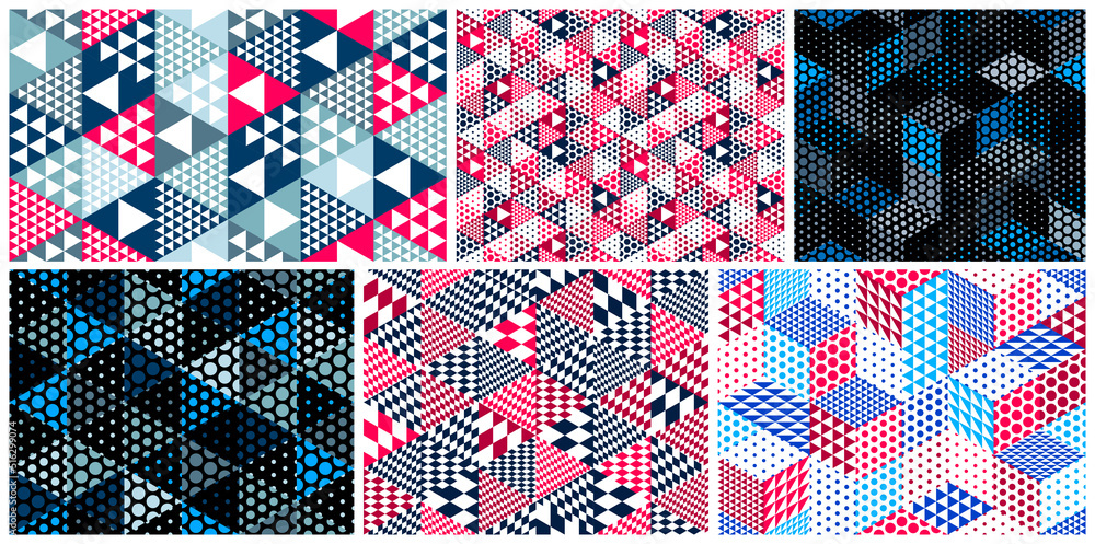 Naklejka premium Dotted seamless isometric geometric patterns set, dots 3D cubes vector tiling backgrounds, architecture and construction, wallpaper designs.