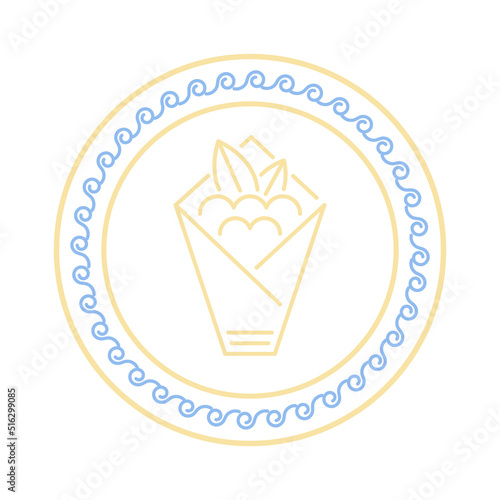 Greek traditional fast food, souvlaki or gyros icon. Design element, line simple logo with meander ornament.