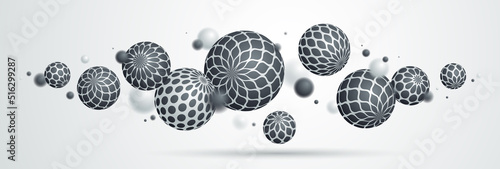 Abstract spheres vector background, composition of flying balls decorated with patterns, 3D mixed variety realistic globes with ornaments, realistic depth of field effect.