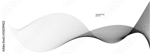 Abstract background vector illustration, dots in motion by curve lines, particles flow wave isolated, monochrome black and white illustration.