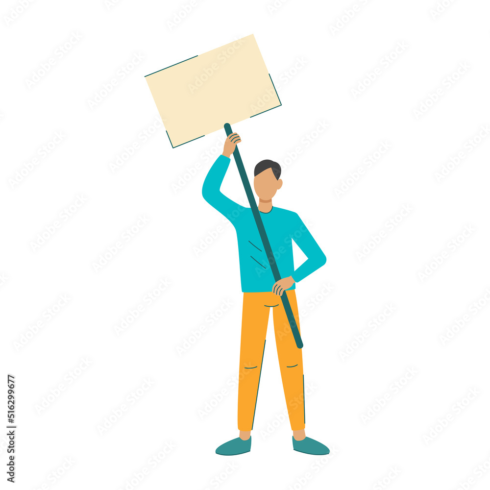 Protests concept vector illustration. Man with banner in his hands. Guy with blank poster isolated object. Activist with slogan for protection of rights