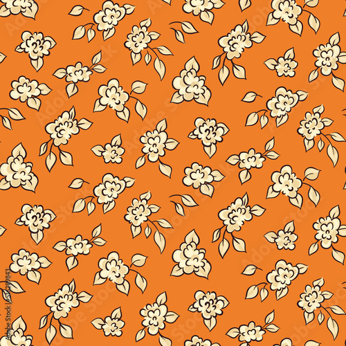 Seamless floral pattern, romantic ditsy print with small decorative rose flowers in retro style. Cute botanical background with tiny outline flowers, leaves on an orange field. Vector illustration.
