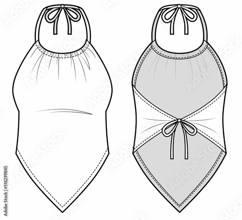 Women's halterneck, tie back, backless, sleeveless top.