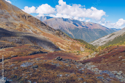 Picturesque mountain valley scenic view. Marvelous golden autumn colors mountain range. Altai mountains.