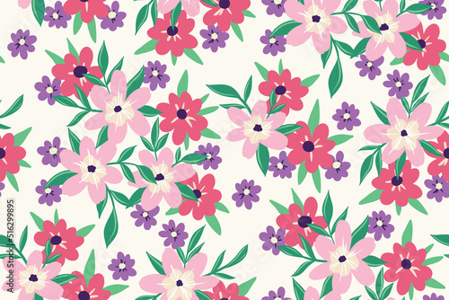 Seamless floral pattern  girly ditsy print with small pink flowers on a white surface. Pretty botanical background with tiny hand drawn plants  decorative flowers and leaves. Vector illustration.