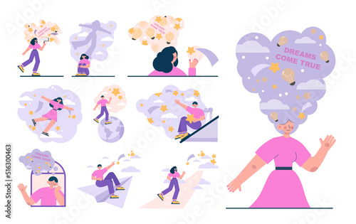 Daydreaming concept set. Young characters dreaming or daydreaming