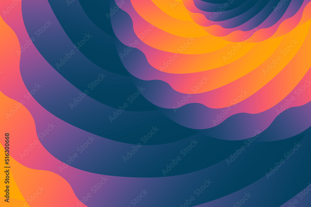 Vector abstract graphic background in the form of multi-colored gradient dark blue, purple, orange, yellow and pink lines in the form of waves overlapping each other in the form of flowers