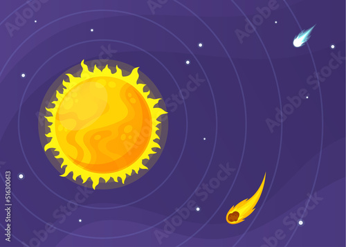 Sun With Planet Orbits And Comet In Deep Space. Globe, Star Of Solar System Surface With Fire Storms, Protuberances