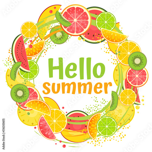 Ring made of fruit slices with the words hello summer. Vector stock illustration