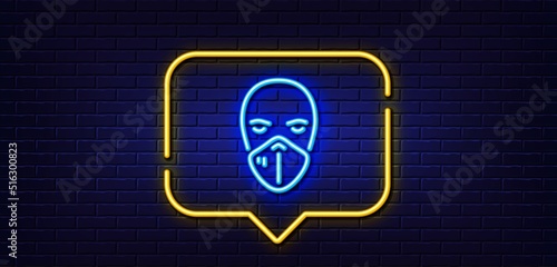 Neon light speech bubble. Medical mask line icon. Safety breathing respiratory mask sign. Coronavirus face protection symbol. Neon light background. Medical mask glow line. Brick wall banner. Vector