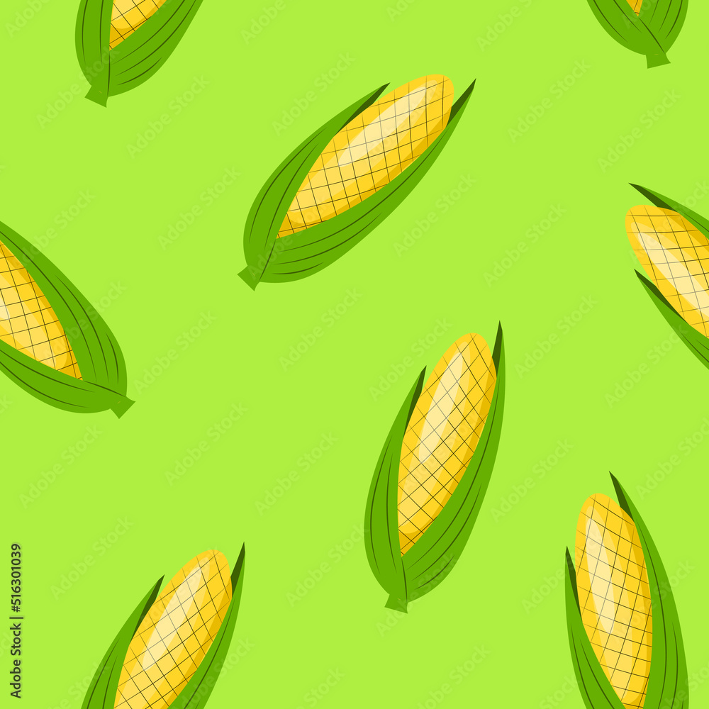 Seamless pattern with corn on green background. Textile design with organic vegetables for vegans. Trendy design for posters, banners, postcards. Seamless pattern with corn on green background. Textile design with organic vegetables for vegans. Trendy design for posters, banners, postcards.