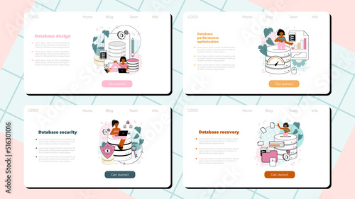Data base administrator web banner or landing page set. Manager working