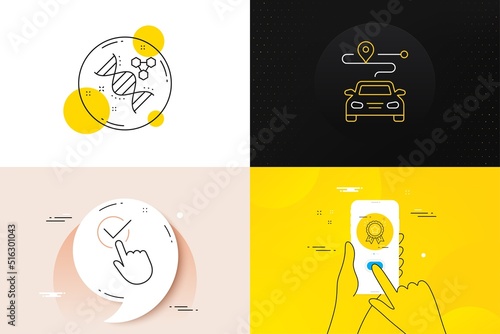Minimal set of Chemistry dna, Loyalty award and Checkbox line icons. Phone screen, Quote banners. Journey icons. For web development. Chemical formula, Bonus medal, Approved. Trip distance. Vector