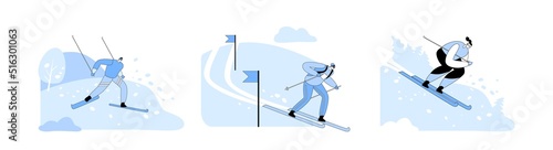 Set Skiing Winter Sports, Outdoors Spare Time. Characters Wear Warm Sportive Costume and Goggles Going Downhills by Skis