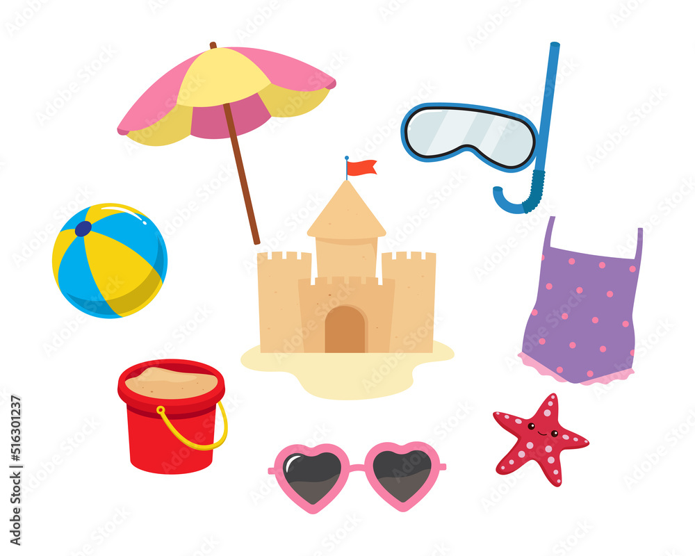Summer beach elements clipart set. Flat vector cartoon design Stock ...