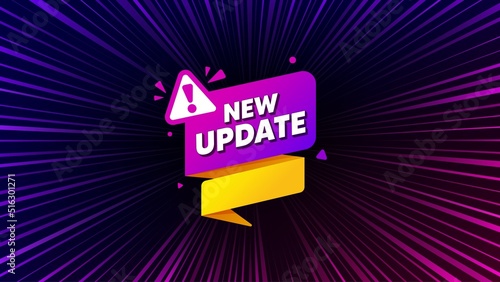 Sunburst ray beam banner. New update paper banner. Important message tag. Exclamation mark icon. Offer explosion background. Sun burst ray effect. New update badge. Vector