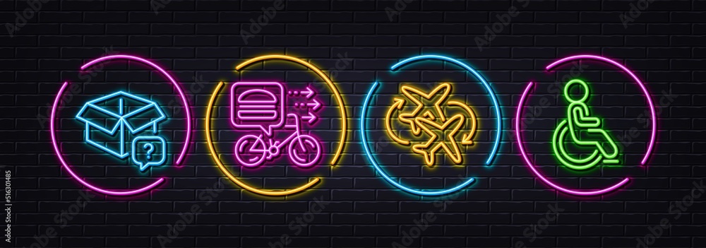Connecting flight, Secret package and Food delivery minimal line icons. Neon laser 3d lights. Disability icons. For web, application, printing. Airport, Question box, Bicycle courier. Vector