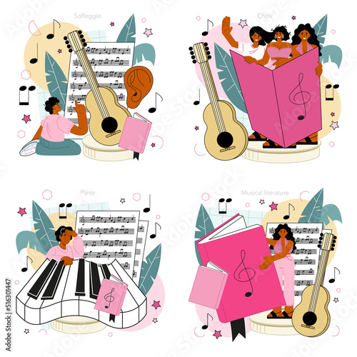 Music school or course set. Students learn to play music. Young musician