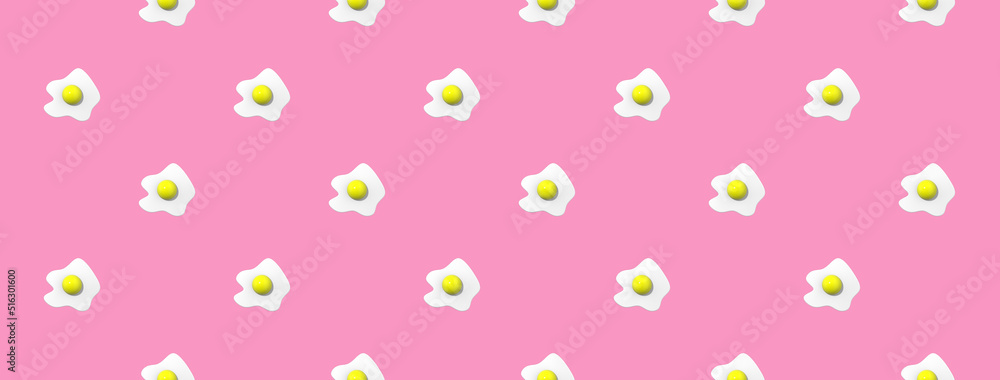 pattern. Image of chicken egg on pastel purple background. Egg with round yolk. Banner for insertion into site. Surface overlay pattern. 3D image. 3D rendering. pattern. Image of chicken egg on pastel purple background. Egg with round yolk. Banner for insertion into site. Surface overlay pattern. 3D image. 3D rendering.