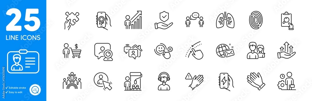Outline icons set. Painter, Consulting business and Customer satisfaction icons. Employee, Identification card, Inspect web elements. Insurance hand, Puzzle, Lungs signs. World mail. Vector Outline icons set. Painter, Consulting business and Customer satisfaction icons. Employee, Identification card, Inspect web elements. Insurance hand, Puzzle, Lungs signs. World mail. Vector