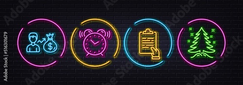 Clipboard, Alarm clock and Sallary minimal line icons. Neon laser 3d lights. Christmas tree icons. For web, application, printing. Survey document, Time, Person earnings. Spruce. Vector photo